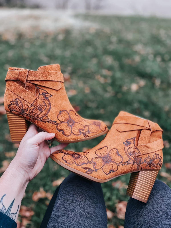 Custom Burned Boots | Booties, Fall, Designed, Chunky, Festival, Boho, Country, Chic, Hippie, Cowgirl, Concert, Winery, Bridal, Western