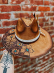 Floral tan brown and turquoise flat brim fedora hat | feathers concert fall girly cute gift womens Lainey Wilson cowgirl country western