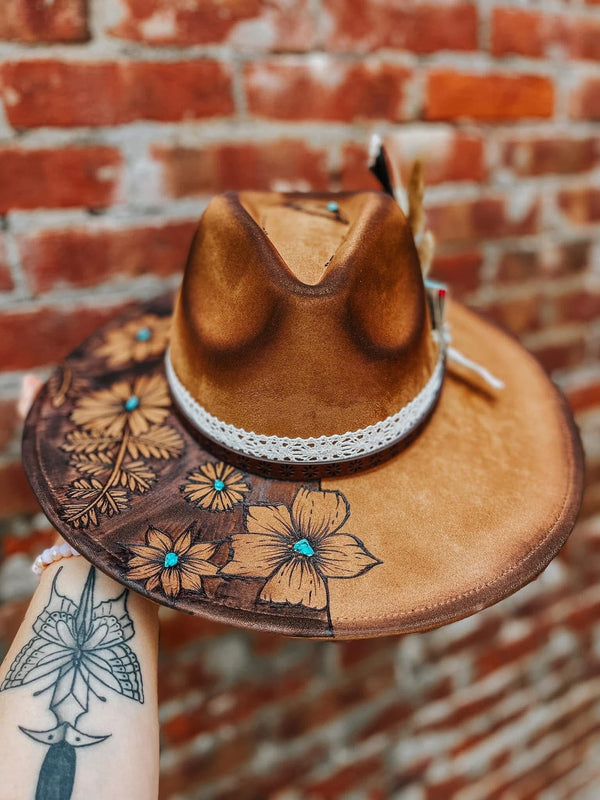 Floral tan brown and turquoise flat brim fedora hat | feathers concert fall girly cute gift womens Lainey Wilson cowgirl country western