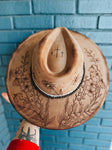 Wildflower dandelion wish flower tan wide brim fedora hat | crosses brown bling gemstone Lainey Wilson derby western concert festival