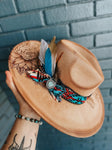 Hillbilly hippie tan wide brim fedora hat | Aztec native pattern turquoise fall outfit gift concert western cowgirl Lainey Wilson