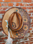 Floral tan brown and turquoise flat brim fedora hat | feathers concert fall girly cute gift womens Lainey Wilson cowgirl country western