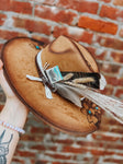 Floral tan brown and turquoise flat brim fedora hat | feathers concert fall girly cute gift womens Lainey Wilson cowgirl country western