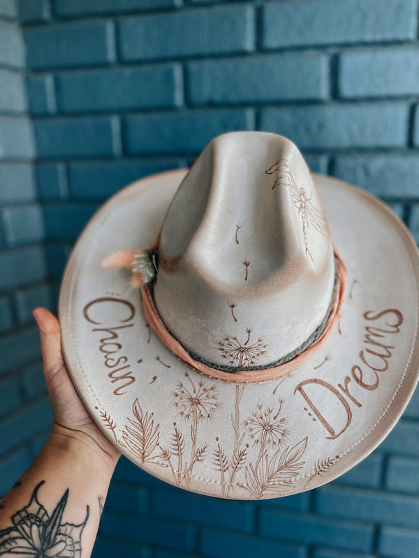 Chasing dreams dragonfly Custom Wide Brim Fedora Hat | Lainey Wilson, Concert, Gift, Country, Cowgirl, Western, boho, festival, pink, white