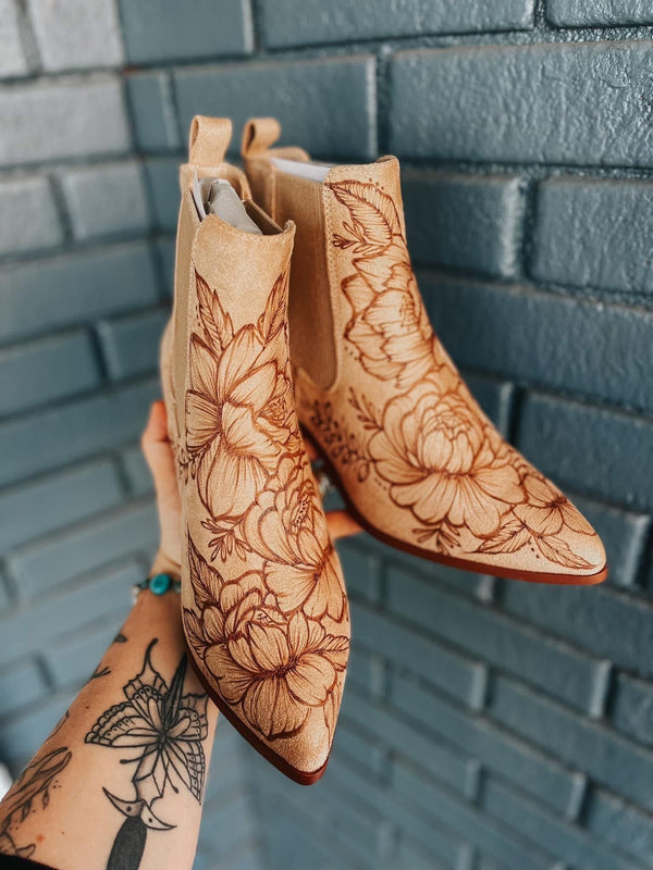 Custom Burned Boots | Booties, Fall, Designed, Chunky, Festival, Boho, Country, Chic, Hippie, Cowgirl, Concert, Winery, Bridal, Western