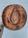 Lotus Themed Wide Brim Fedora Hat | Fall Lainey Wilson Tan Brown Festival Concert Music Tyler Childers feathers turquoise