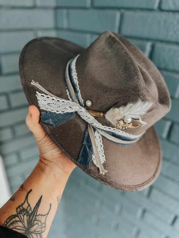 Grey blue and white Custom Wide Flat Brim Fedora Hat | Boho Hippie Concert Summer Western Country Winery Bridal Derby Rodeo Cowgirl