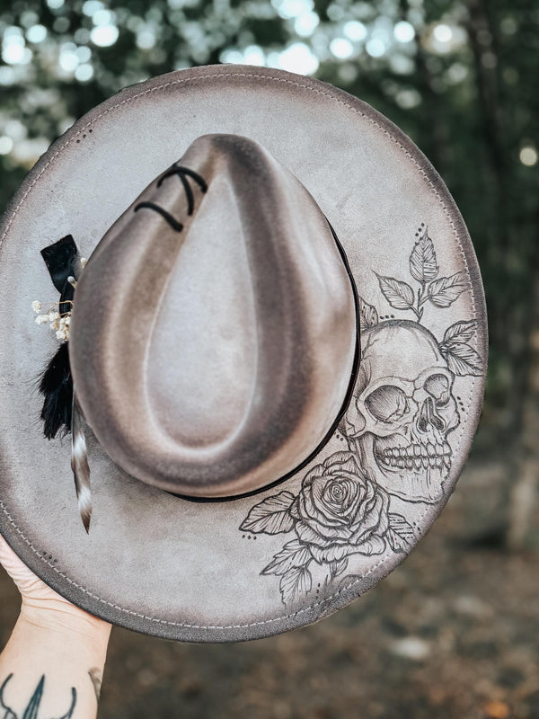 Skull Themed Wide Brim Fedora Hat | Halloween Fall Lainey Wilson Spooky Witchy black white Festival Concert Art gift grunge gothic