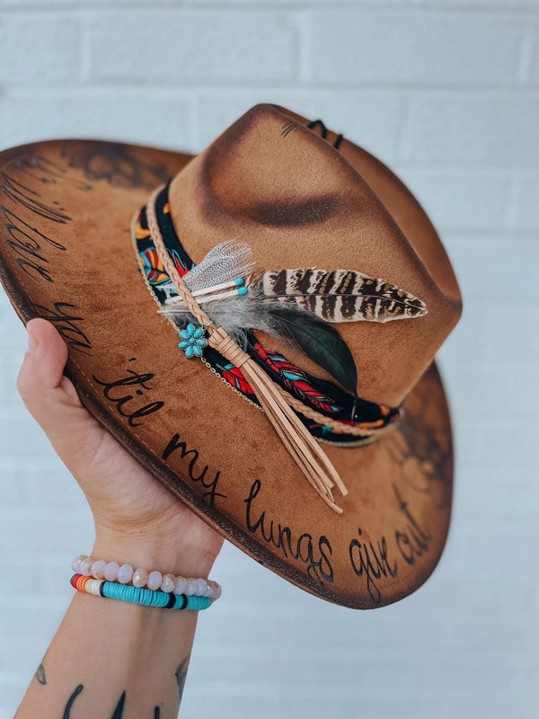 Lotus Themed Wide Brim Fedora Hat | Fall Lainey Wilson Tan Brown Festival Concert Music Tyler Childers feathers turquoise