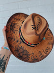 Lotus Themed Wide Brim Fedora Hat | Fall Lainey Wilson Tan Brown Festival Concert Music Tyler Childers feathers turquoise