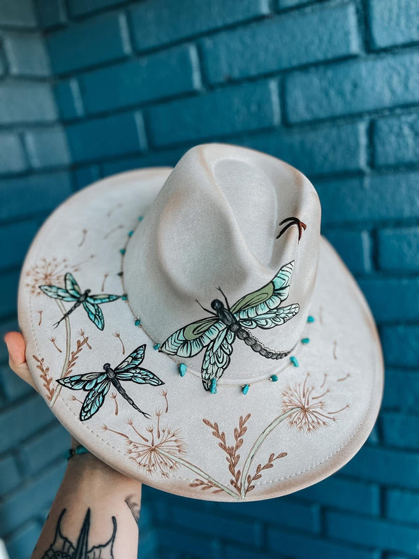 Dragonfly Themed Wide Brim Fedora Hat | Fall Lainey Wilson Tan Festival Concert Art Movie wishflower dandelion ivory floral turquoise