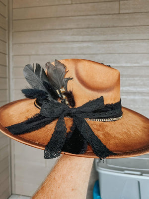 Tan and black Custom Wide Flat Brim Fedora Hat | Boho Hippie Concert Summer Western Country Winery Bridal Derby Rodeo Cowgirl lace