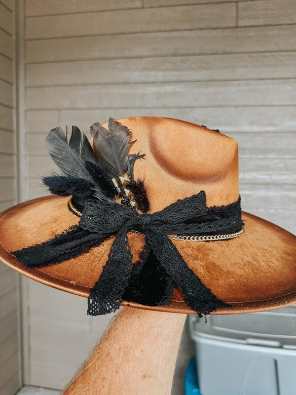 Tan and black Custom Wide Flat Brim Fedora Hat | Boho Hippie Concert Summer Western Country Winery Bridal Derby Rodeo Cowgirl lace