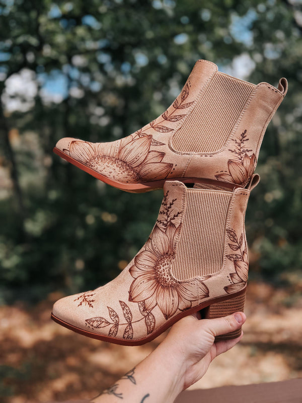 Custom Burned Boots | Booties, Fall, Floral, Chunky, Festival, Boho, Country, Chic, Hippie, Cowgirl, Concert, Winery, Bridal, Western