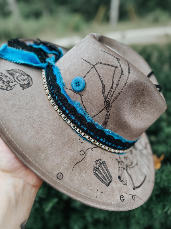 Coraline Themed Wide Brim Fedora Hat | Halloween Fall Lainey Wilson Spooky Witchy purple black white green Festival Concert Art Movie