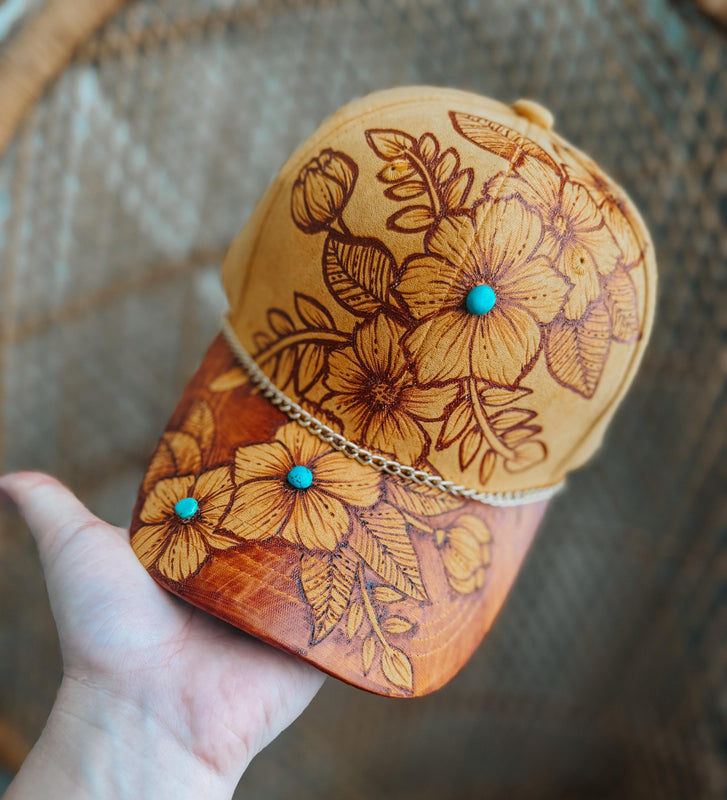 Burned Custom Baseball Trucker Cap Hat | Floral Turquoise Concert Flower Cute Gift Boho Hippie Country Western Lainey Wilson Mustard