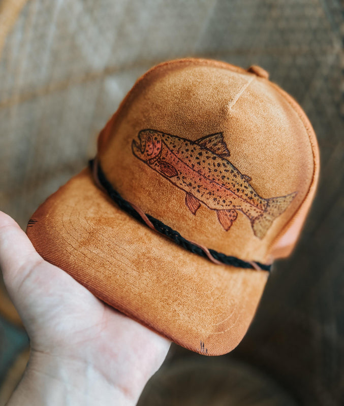 Rainbow Trout Mens Gift Baseball Trucker Cap Hat | Floral Fall Concert Flower Cute Gift Boho Hippie Country Western Lainey Wilson Brown