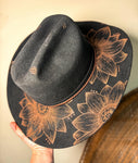 100% Wool Custom Burned Black Cowboy Cowgirl Hat | sunflowers, floral, feathers, skull, grunge, native, American, gift, card, turquoise