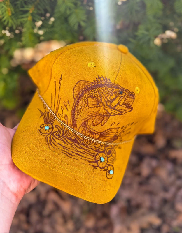 Burned mustard fishing bass Baseball Trucker Cap Hat | Floral summer Concert tomboy Cute Gift Boho Hippie Country Western Lainey Wilson