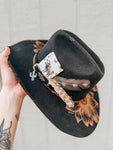 100% Wool Custom Burned Black Cowboy Cowgirl Hat | sunflowers, floral, feathers, skull, grunge, native, American, gift, card, turquoise